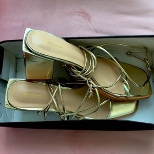 Gold Block Heel Leg Tie Sandal